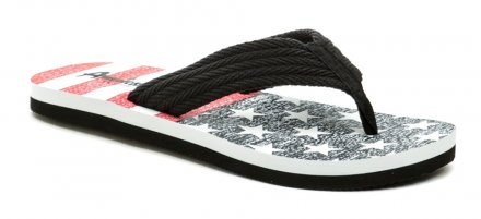Letní rekreační nazouvací obuv s úchopem mezi prsty, vyrobená z kombinace textilního a syntetického materiálu.