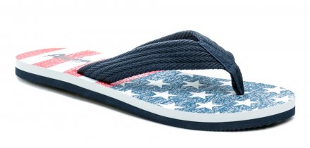 Letní rekreační nazouvací obuv s úchopem mezi prsty, vyrobená z kombinace textilního a syntetického materiálu.