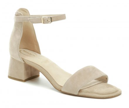 Dámská letní vycházková obuv typu sandály na podpatku se zapínáním kolem kotníku, vyrobená z pravé přírodní kůže.
